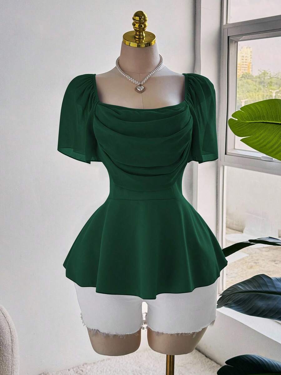 Sweetra Áo sơ mi nữ cỡ lớn thanh lịch, lãng mạn bằng vải chiffon, tay bồng, cổ bồng, gấu áo bồng, thích hợp cho tiệc tùng, năm mới, màu đỏ tía, mùa xuân/thu/đông. - Màu xanh lá cây đậm - Xem 1