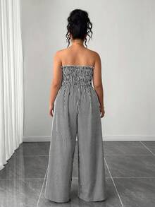 SHEIN Tall CURVE 大码女式条纹抹胸系带休闲日常连体裤 - 黑與白 - 查看 2