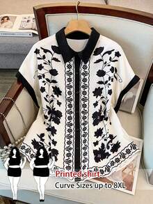 SHEIN CURVE+ 大码优雅撞色花卉衬衫，修身设计，适合日常通勤、外出、聚会和度假。 - 黑與白 - 查看 1