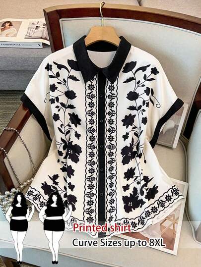 SHEIN CURVE+ Plus Size Elegant Floral Color Block Shirt, Slimming Design, Suitable For Daily Commute, Outing, Party And Vacation