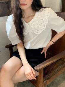 DAZY Women's Hollow Embroidered Petal Sleeve Single-Breasted Blouse Summer - White - View 7