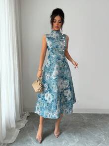 Selianne 女款藍白花卉夏季優雅婚禮賓客提花花卉綠色無袖珍珠鈕扣長款中長洋裝度假通勤 - 綠色 - 查看 5