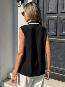 Pariaura Women's Color Block Single-Breasted Casual Sexy Versatile Daily Wear Shirt Golf White Summer - Black - View 2