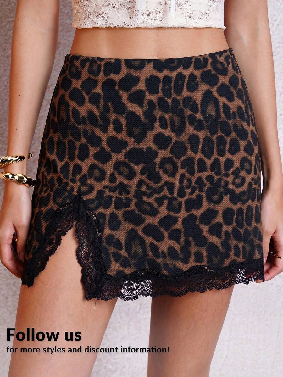 Lavishia Leopard Print Lace Patchwork Front Slit Skirt - Brown - View 1
