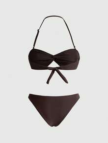 ROMWE Avant Bikini bandeau torsadé mode femme, string échancré, maillot de bain dos nu, vacances à la plage en été - Marron - Voir 2