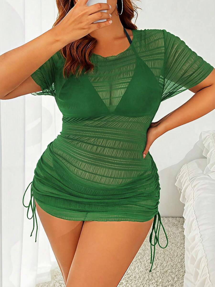 Swim Lushoire Plus Size Solid Color Sheer Beach Cover Up Summer Sexy - Green - View 1