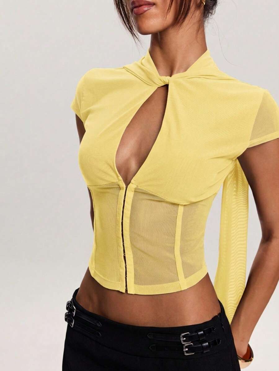 SHEIN BAE Damen Einfarbiges Top mit Stehkragen, vielseitig für den täglichen Gebrauch - Gelb - Übersicht 1