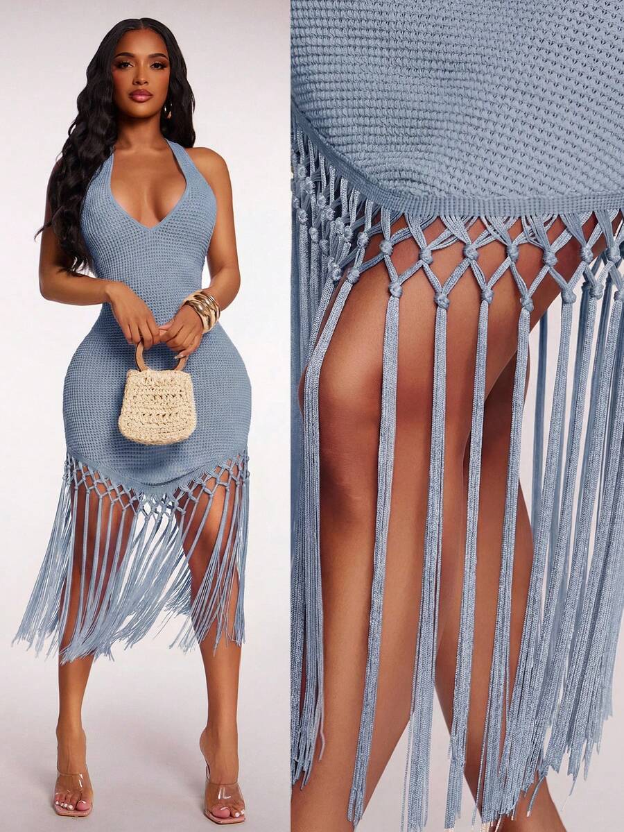 Radiana Women's Summer Boho Crochet Flowy Tassel Hem Dress, Holiday/Beach Vacation Dress - Blue - View 1