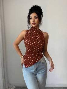Rafferiza Áo tank top nữ màu đỏ chấm bi, dáng ôm, vạt bất đối xứng - Cà phê nâu - Xem 4