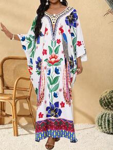 Villa Velisse Plus Size Women's Straight Cut Batwing Sleeve Loose Casual Dress Maxi Women - Multicolor - View 4