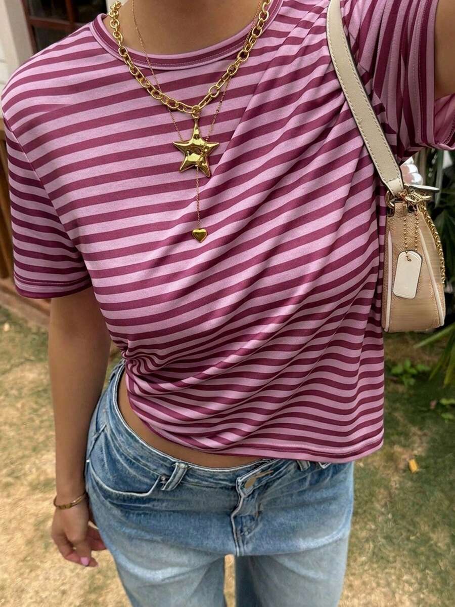 Livesso Camiseta de manga corta de verano holgada con cuello redondo y rayas rosas para mujer - Burdeos - Ver 1