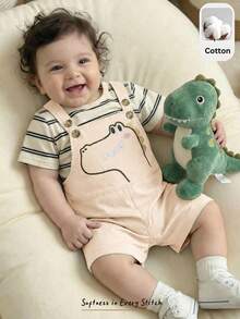 Cozy Pixies 2pcs Baby Boy Striped Pattern Knit Soft Round Neck Short Sleeve Pullover Top And Bib Shorts Set - Khaki - View 7
