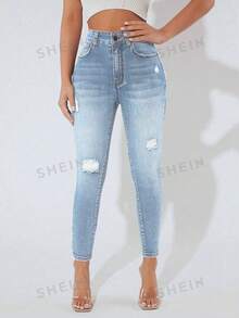 SHEIN PETITE Casual Denim Pants, Minimalist & Fashion For Everyday Wear - Light Wash - View 1