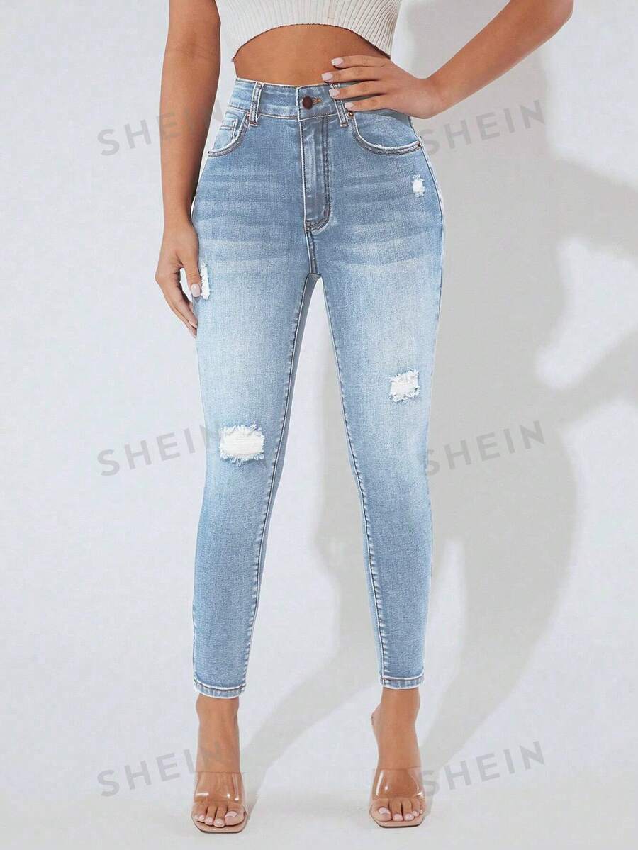 SHEIN PETITE Casual Denim Pants, Minimalist & Fashion For Everyday Wear - Light Wash - View 1