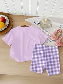 Cute Mini Purple Plaid Cherry Pattern, Young Girl Casual Minimalist Short Sleeve Round Neck T-Shirt And Shorts 2-Piece Set, Suitable For Summer - Multicolor - View 2