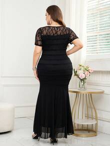 Reflora Plus Size Summer Elegant Contrast Lace 3D Floral Fishtail Hem Dress - Black - View 3