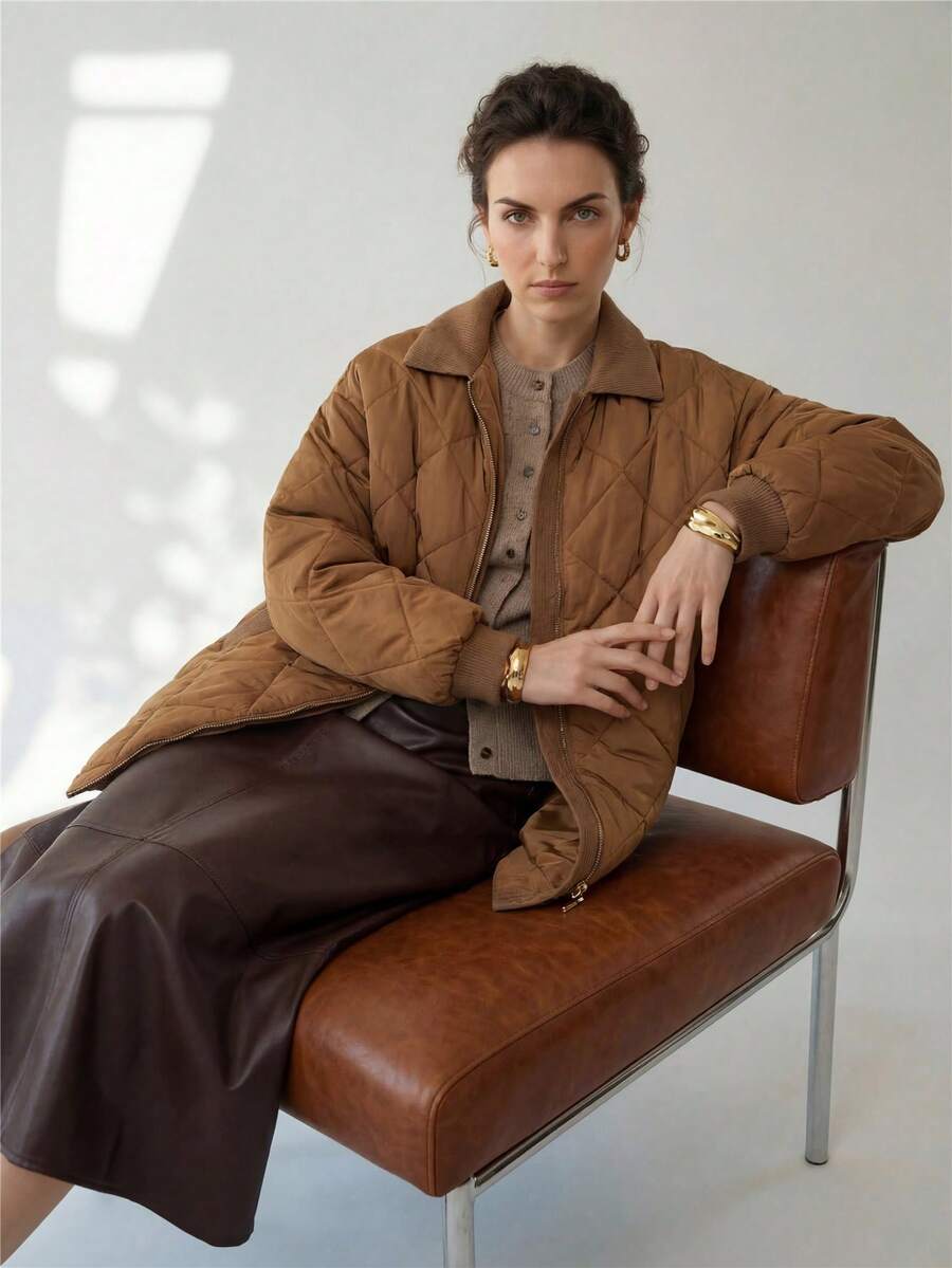 Uhlyne Uhlyne Autumn/Winter New Retro European Style Layered Color-Block Shirt Collar Diamond Plaid Padded Coat, Simple Versatile Loose Casual Padded Coat - Brown - View 1