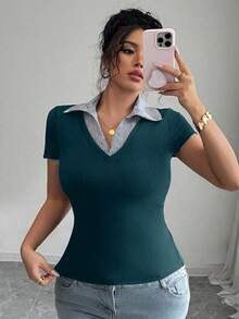 Elenzga 女士加大码优雅撞色领拼接紧身休闲百搭时尚短袖T恤，2025春夏新款 - 彩色 - 查看 4
