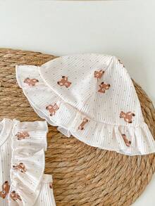 SHEIN 1pc Newly Born Baby Girls' White Summer Cute Cartoon Bear Print Flutter Sleeve Bow Tie Dress Skirt With Hat,Snap Button Design,Casual Outing Outfit - Apricot - View 6