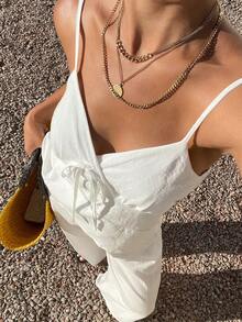 Livesso Conjunto de top de tirantes blanco y pantalones rectos holgados, conjunto de dos piezas de vestir casual de vacaciones, playa y oficina elegante para mujer - Blanco - Ver 4