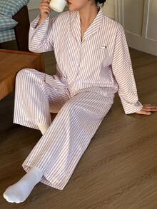 Dazy Plus 2pcs Plus Size Women Casual Striped Loose Fit Long Top And Pants Pajama Set, Spring/Autumn - Red - View 2