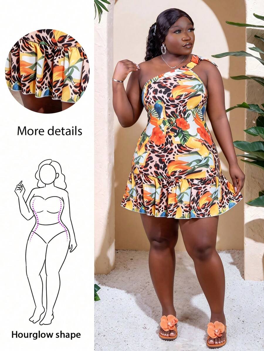 CurvyTilda 2025 Herbst und Winter Neuheiten, Damen Herbst/Halloween/Winter Kleidung, Große Größen, Musik Festival/Halloween Outfits, Ostern, Western, Boho, Geburtstags Party, Abschluss, Studentin, Lässig, Alltag, Basic, Urlaub, Kreuzfahrt, Strand, Sonnenbaden, Modisch, Bohemien, Einschultrig Gebunden, Floral, Leopard, Vogel, Birne, Bananen Muster, Locker A-Linie, Geraffter Damen Kleider/Geburtstags Kleider - Verschiedenfarbig - Übersicht 1