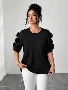 GlowEve CURVE Plus Size Knit Round Neck Short Sleeve Tee With 3D Floral Decor, Elegant For Daily, Vacation, Date Gym, Casual, Outdoor Wear, Brown Summer - Black - View 5