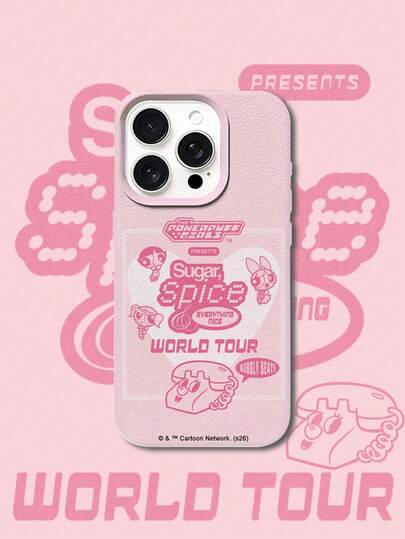 THE POWERPUFF GIRLS X SHEIN 飞天小女警三人组心形世界巡回演唱会音乐电话字母元素皮革纹理粉色亲肤防震防摔保护壳，兼容苹果iPhone 13/14/15/15Pro/16/16Pro/17Pro，畅销日常美观保护壳