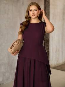 Roveilla Robe longue femme grande taille en vert olive, patchwork en tissu avec doublure en mousseline, col rond, sans manches, épaules plissées, ourlet asymétrique. Élégante, style romantique français vintage, polyvalente pour le travail, la plage, les fêtes. Nouvelle arrivée pour le printemps-été. - Bordeaux - Voir 5