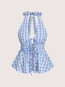 SHEIN Bộ đồ đi nghỉ mát 2 món: Áo croptop cổ buộc dây màu xanh nhạt viền bèo nhún + Chân váy xếp tầng cạp chun kẻ caro xanh trắng. - Màu xanh lam - Xem 6