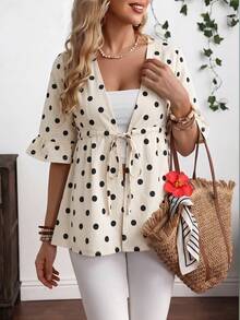 EMERY ROSE Plus Size Summer Casual Polka Dot Print Drawstring Waist Denim Jacket - Beige - View 6