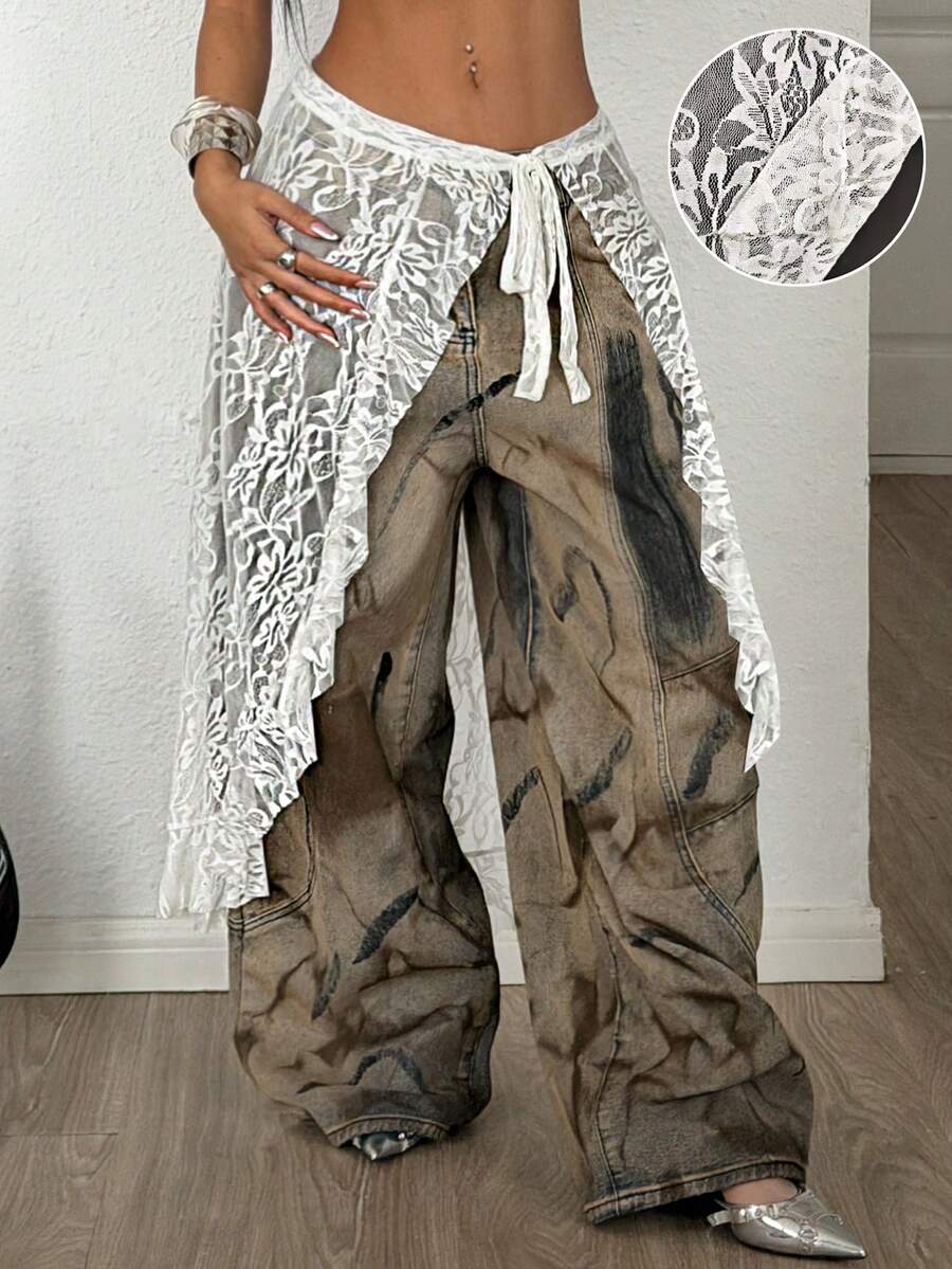 Coolane 女士春夏音乐会服装街头休闲返校Y2K度假装蕾丝吊带荷叶边长款罩裙 - 白色 - 查看 1