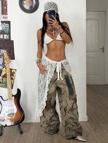 Coolane 女士春夏音乐会服装街头休闲返校Y2K度假装蕾丝吊带荷叶边长款罩裙 - 白色 - 查看 4