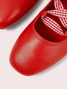 CUCCOO DOLLMOD Zapatos de ballet casuales de punta cuadrada con correa a cuadros rojos para mujeres y niñas, zapatos planos de nueva primavera de escote bajo y versátiles - Rojo - Ver 7