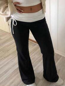 Tween Girls' Color Block Twist Ruched Casual Flare Pants, Versatile For Daily Wear,Kids - Black and White - View 3