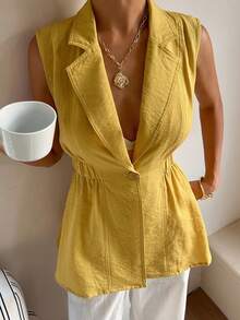 Áo cardigan/áo vest ngắn tay màu vàng dáng rộng thoải mái dành cho nữ, phù hợp công sở/dạo phố/dự tiệc, có dây buộc eo, kiểu dáng mùa xuân & hè. - Màu vàng - Xem 2