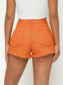 SHEIN PETITE Quần short denim trơn màu, gấu quần rách, có đai lưng, kiểu dáng thường ngày mùa hè. - trái cam - Xem 2