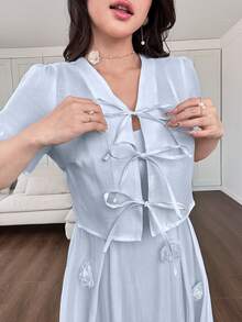 Modelyn 3D立体花卉系带腰身女士短袖上衣连衣裙两件套 - 淺藍色 - 查看 7