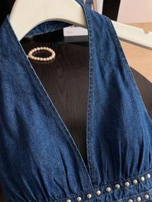 Firerie Plus Size Beaded Decor Backless Halter Neck Denim Top Summer Graduation Vacation Party Holiday Elegant 70's Casual Formal Ruffle Tops Brown - Blue - View 6
