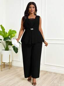 Villa Velisse Women Summer Plus-Size Black 2pcs Business Outfit,Sleeveless Square Neck Slim- Top & Straight-Leg Trousers.Autumn Elegant Mal Curve Evening Cocktail - Black - View 5