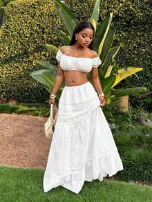 BamGleam 夏季限量版法式白色提花露肩泡泡袖短款上衣，甜美约会之夜露脐上衣，少女百搭叠穿抹胸上衣 - 白色 - 查看 6