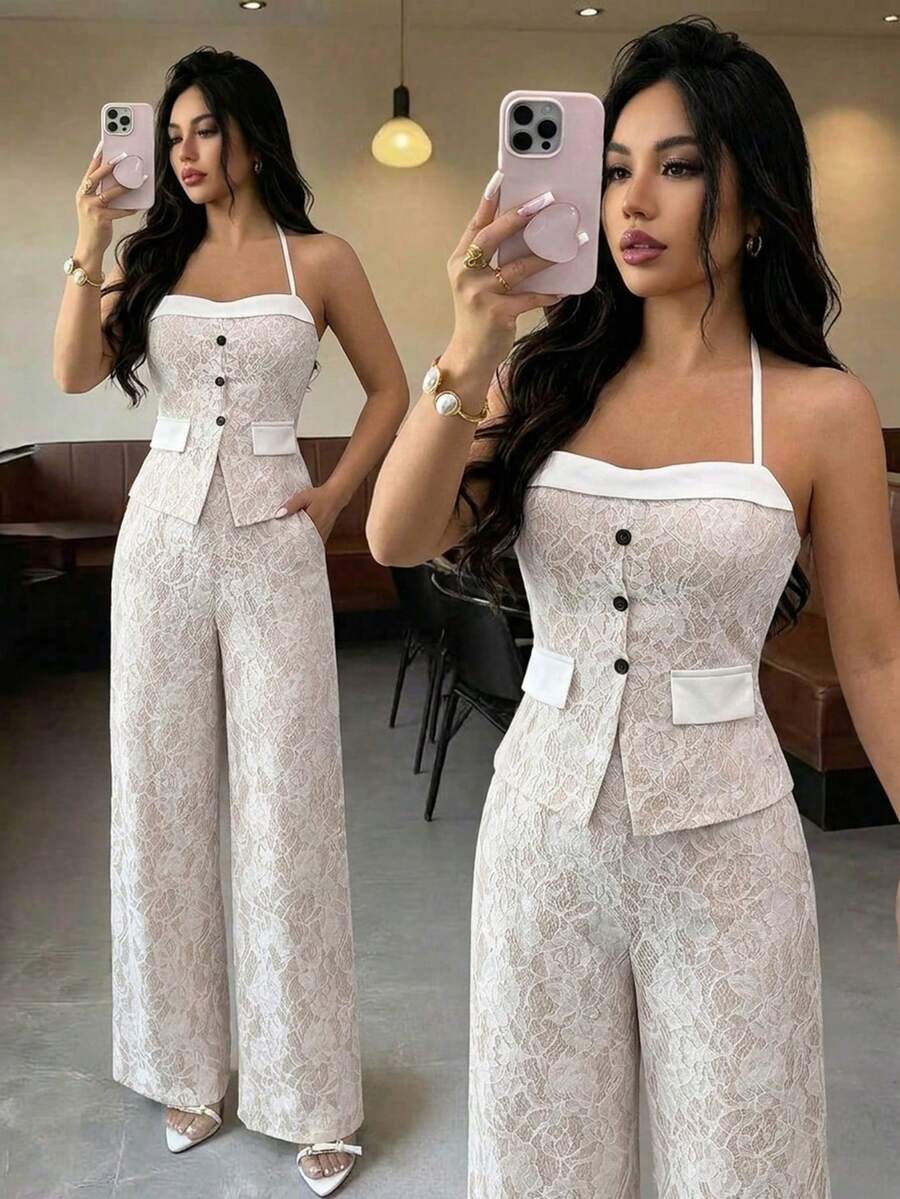 Elenzga Bộ đồ nữ màu mơ gồm áo hai dây cổ yếm ren và quần ống rộng, trang phục công sở thanh lịch với thiết kế thắt eo, món đồ thiết yếu sang trọng và tinh tế cho mùa xuân/hè, bộ hai mảnh đa năng và thời trang. - Màu be - Xem 1