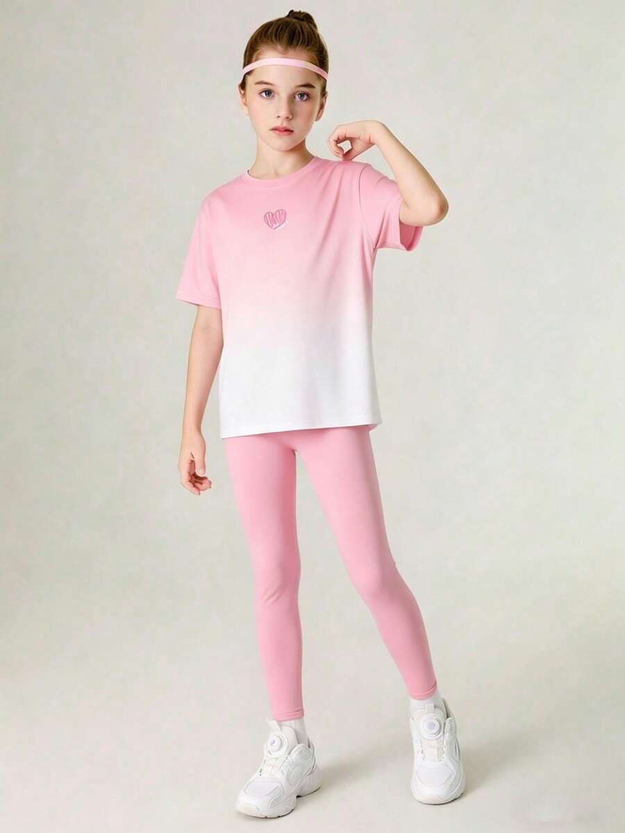SHEIN Ensemble 2 pièces pour préadolescentes : T-shirt + Leggings, Tenue de sport élastique colorée pour le yoga/l'entraînement/la course à pied - Rose bonbon - Voir 1