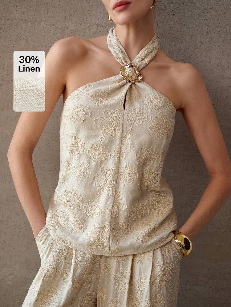 FASHION FLORAL TEXTURED KNIT METAL DETAIL HALTER TOP & WIDE LEG PANTS SET