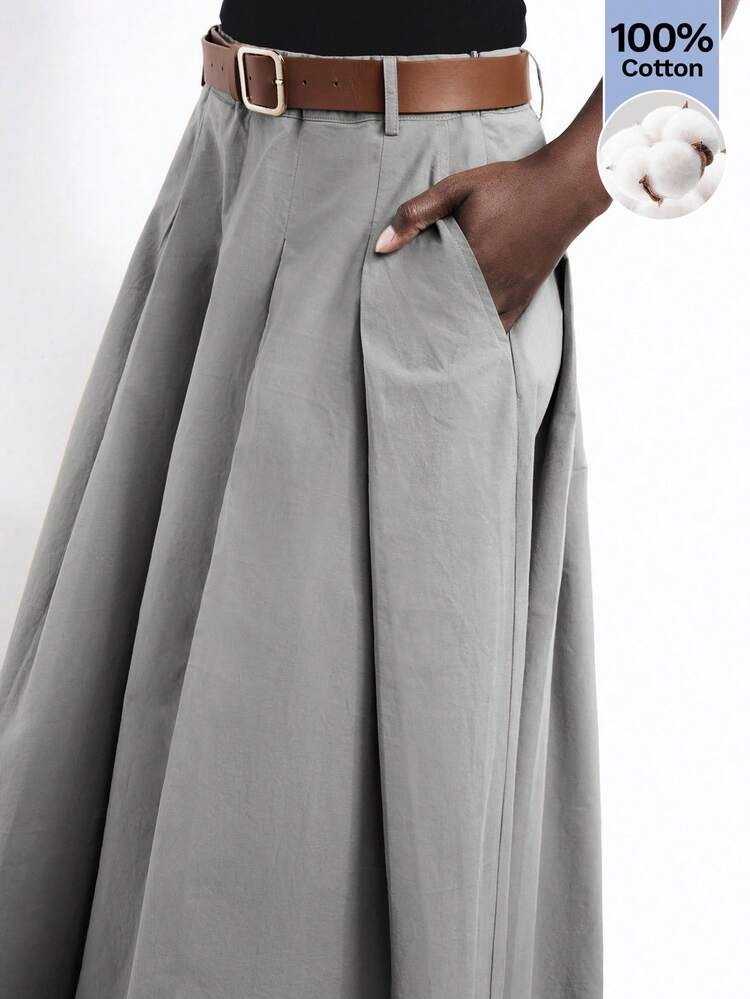 SHEIN Maija New Spring/Summer Grey Pleated Side Pocket Detachable PU Leather Metal Belt Flared Skirt, Elegant Carnival Party Valentine's Day Outfit