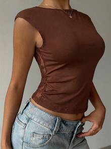 Aloruh Spitzen-Patchwork Kurzarm Sexy Rückenfreies Top - Kaffeebraun - Übersicht 6