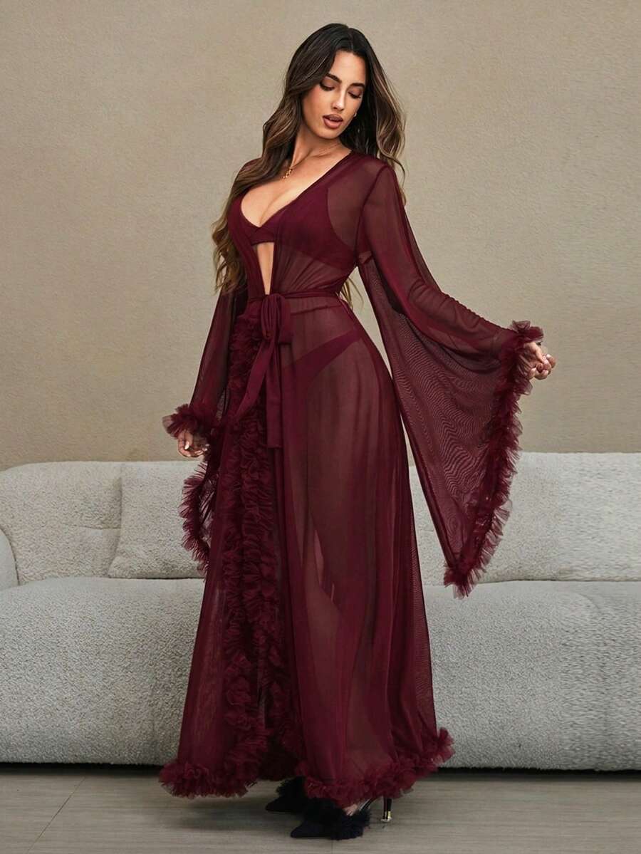 HautHeat Jubah Seksi Wanita Warna Polos dengan Bahu Reguler dan Lengan Mengembang serta Hiasan Renda - Burgundy - View 1