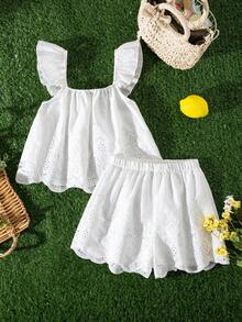 Sparklyn Bộ áo gile móc rỗng và quần short thường ngày cho bé gái tuổi teen - trắng - Xem 3