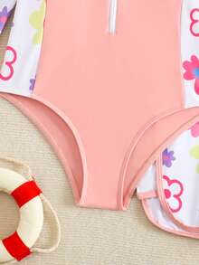 SHEIN Bộ đồ bơi phối họa tiết in hình thời trang mới dành cho bé gái tuổi teen - Hồng - Xem 4