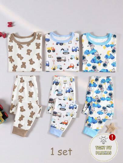 1 Set Pijama de manga corta y pantalones cortos con estampado de oso marrón para bebés niños, primavera/verano